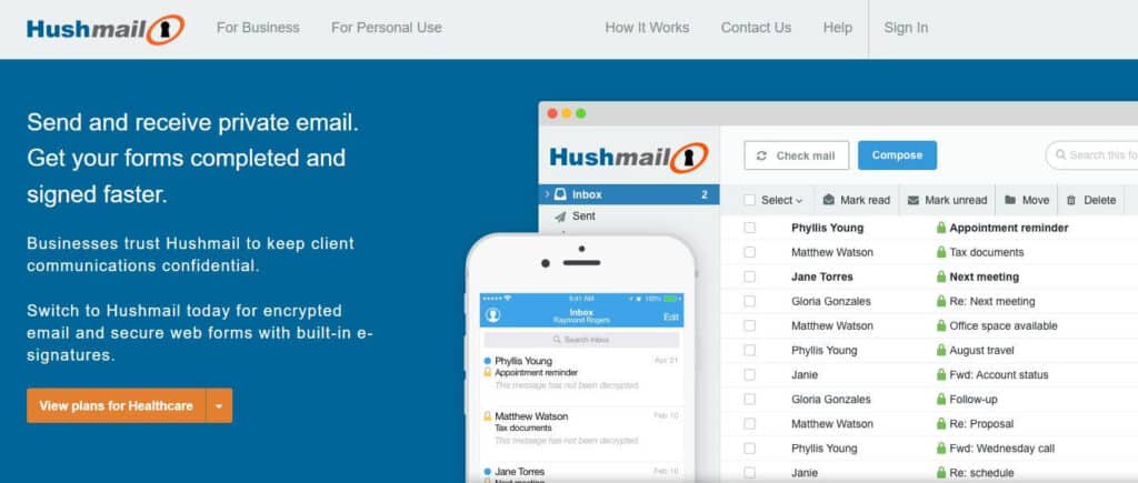 The Hushmail homepage.