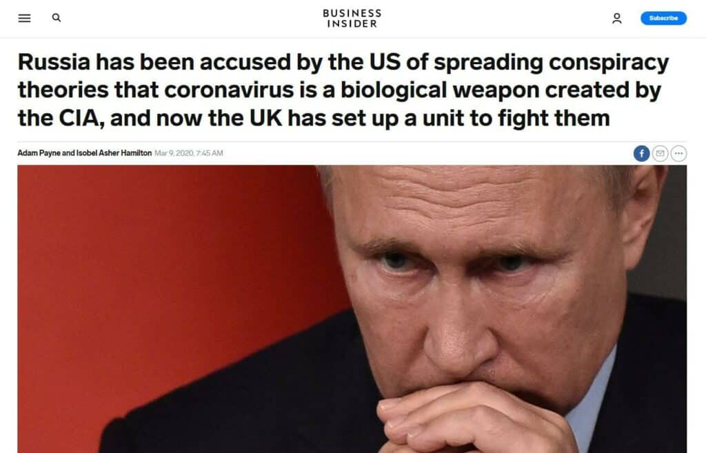 Headline about Russia being accused of spreading conspiracy theories.