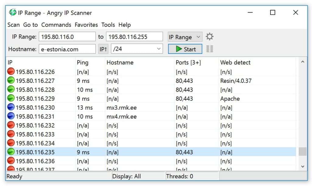 An image of the Angry IP scanner interface featuring ping, hostname, and ports.
