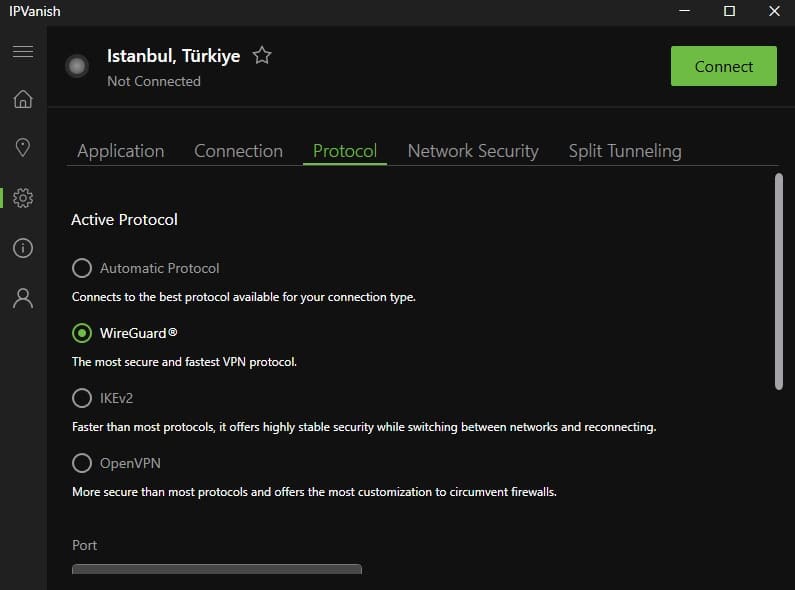 IPVanish protocol options.