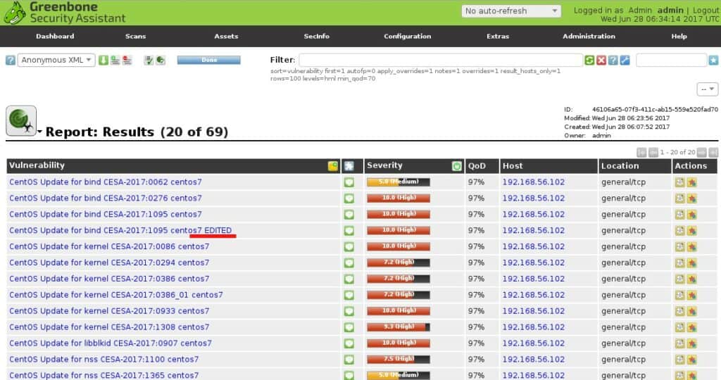 A screenshot of the OpenVAS IP scanner interface, featuring vulnerability, host IPs, location, actions, and more.