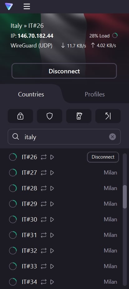 ProtonVPN's list of servers in Italy.