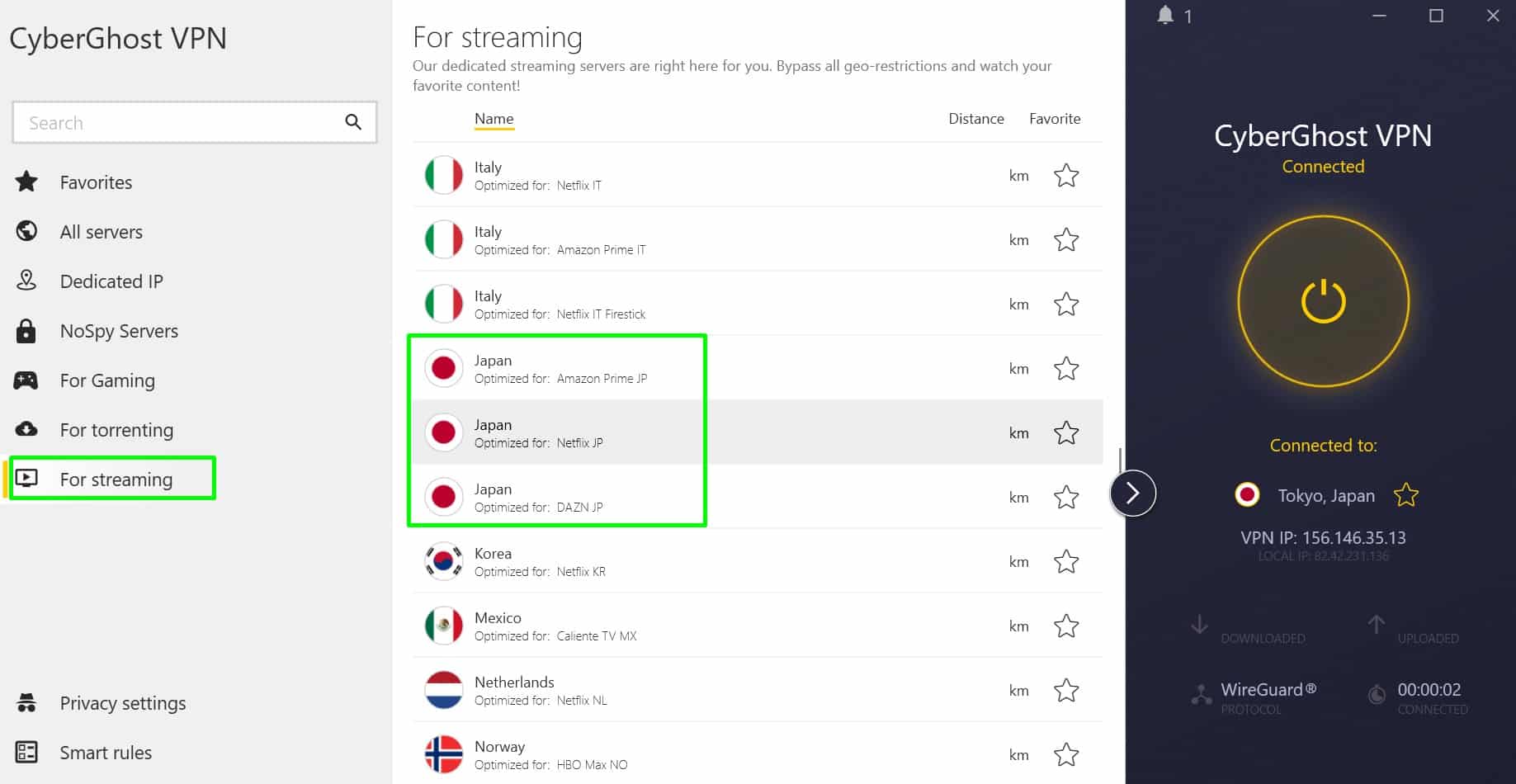 Screenshot showing Cyberghost's Japanese streaming servers