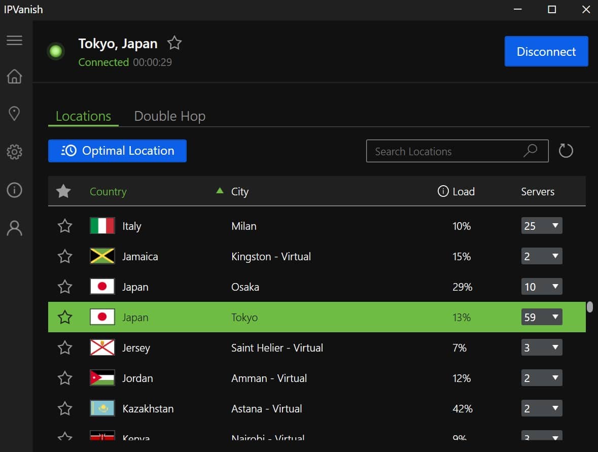 Screenshot of IPVanish's server selection screen