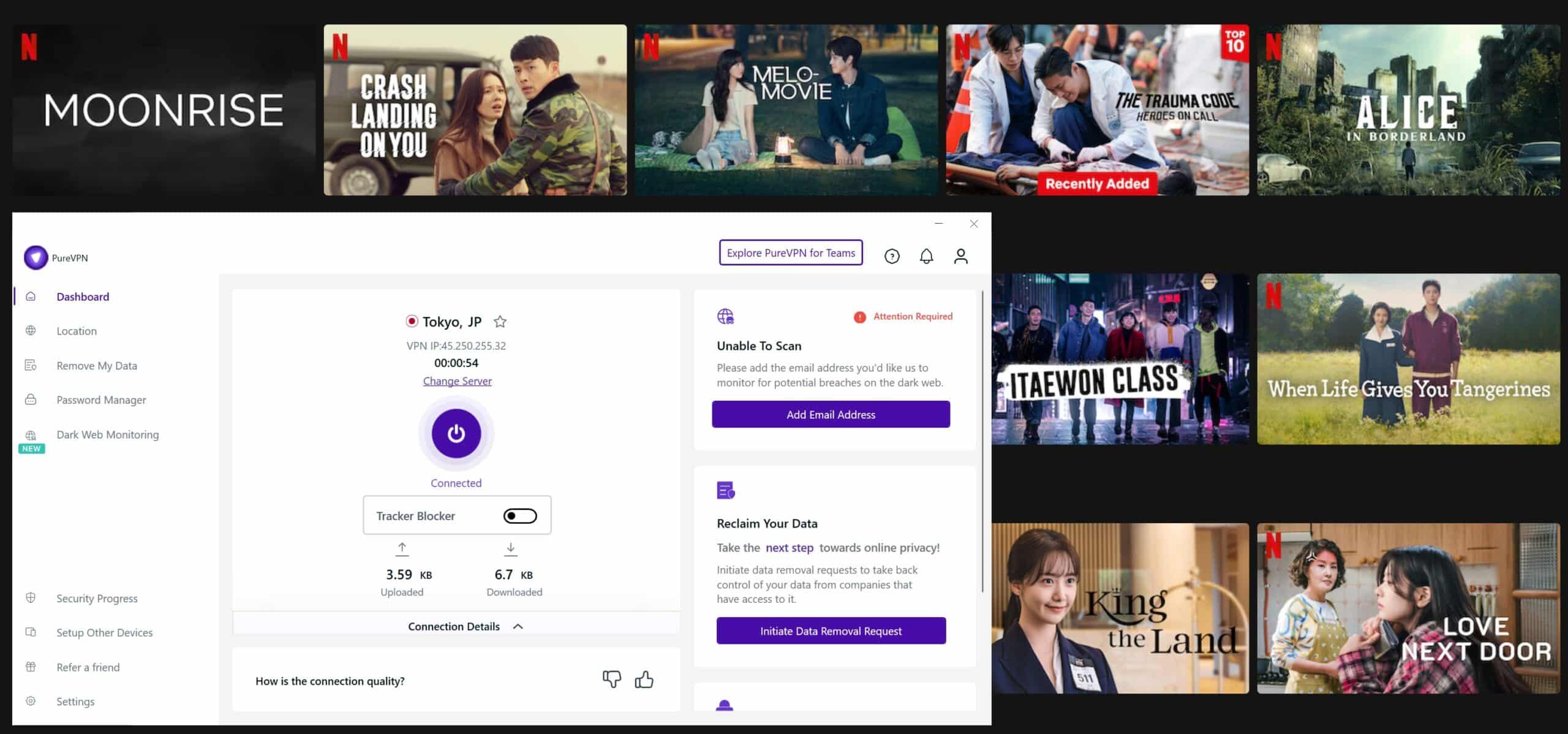 Screenshot showing Netflix Japan content with PureVPN connected