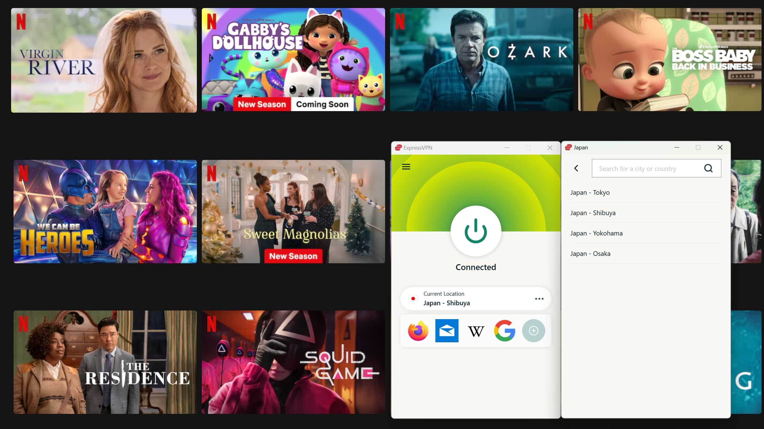 Screenshot showing Netflix originals while ExpressVPN is connected