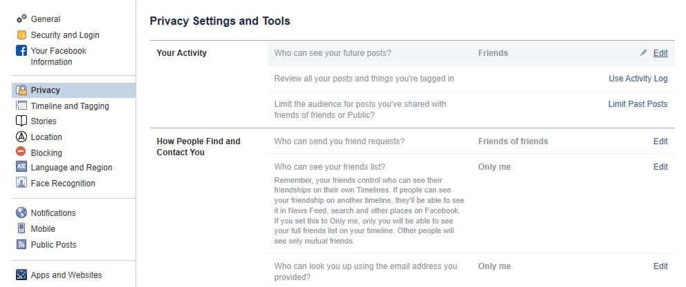 Facebook privacy settings.