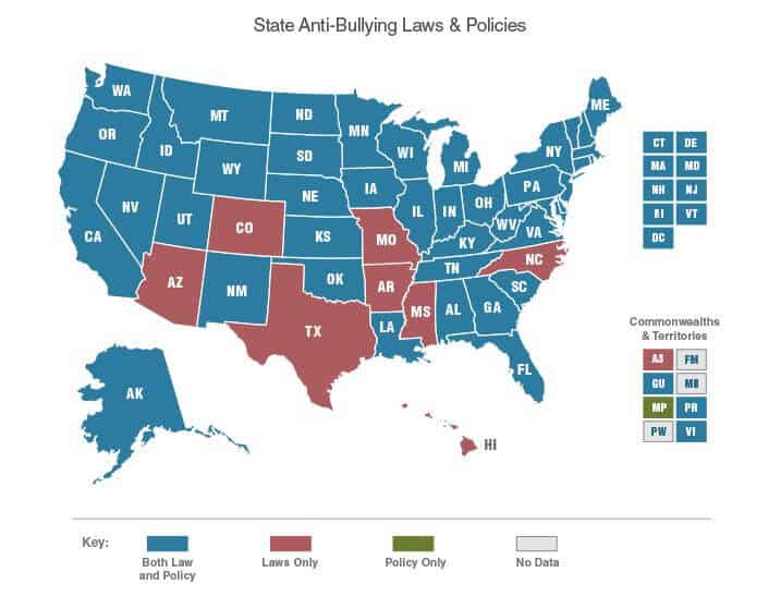 A map showing which US states have anti-bullying laws