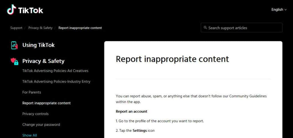 TikTok's page on hoe to report inappropriate content.