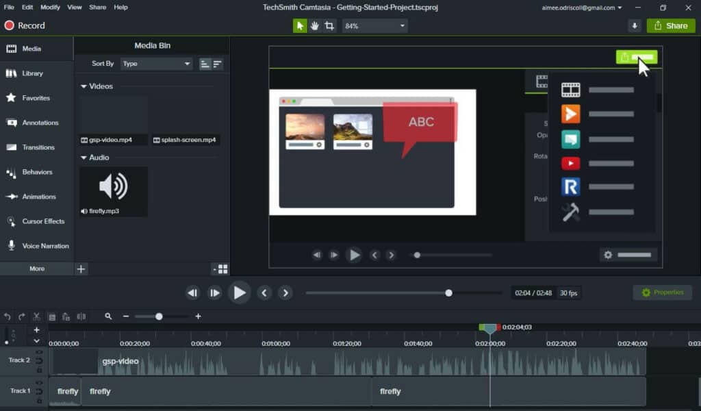 The Camtasia screen recording tool interface.