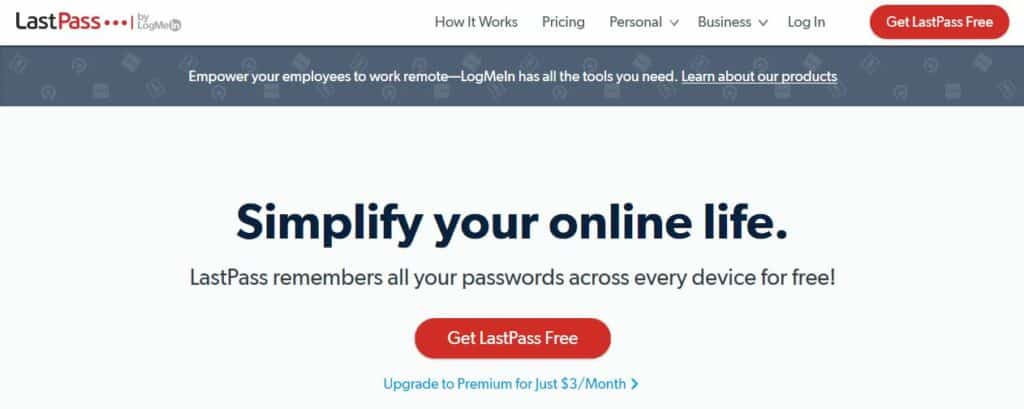 The LastPass homepage.