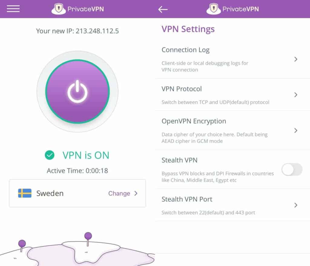  App mobile di PrivateVPN. 