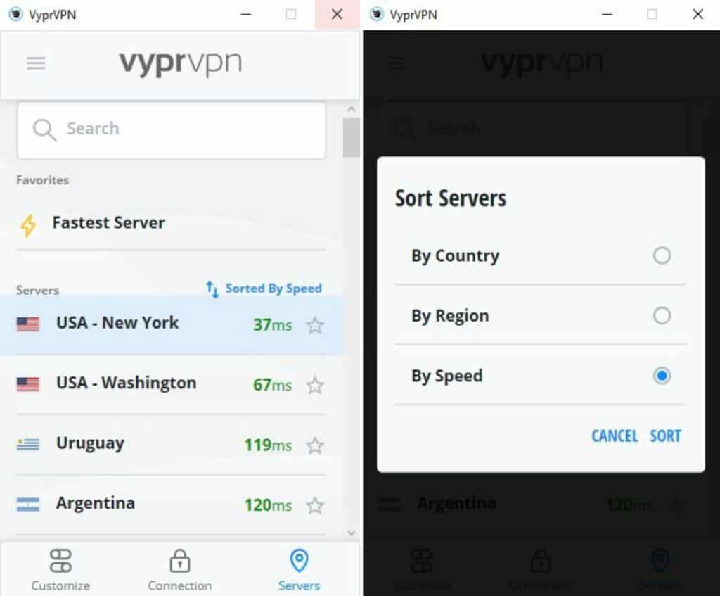 List of VyprVPN servers sorted by speed.