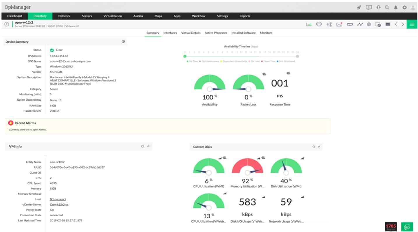 Virtual machine performance and availability summary screen