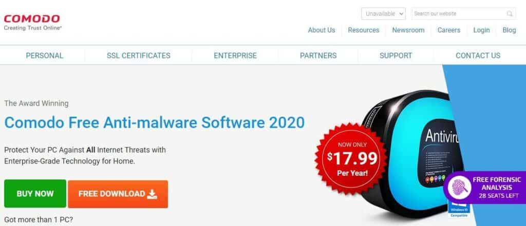 The Comodo homepage.