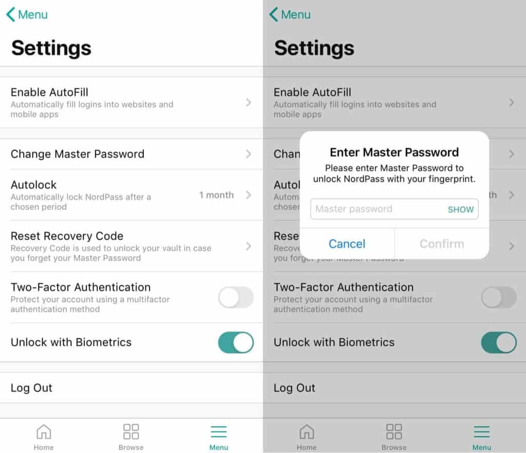 The NordPass mobile app settings.