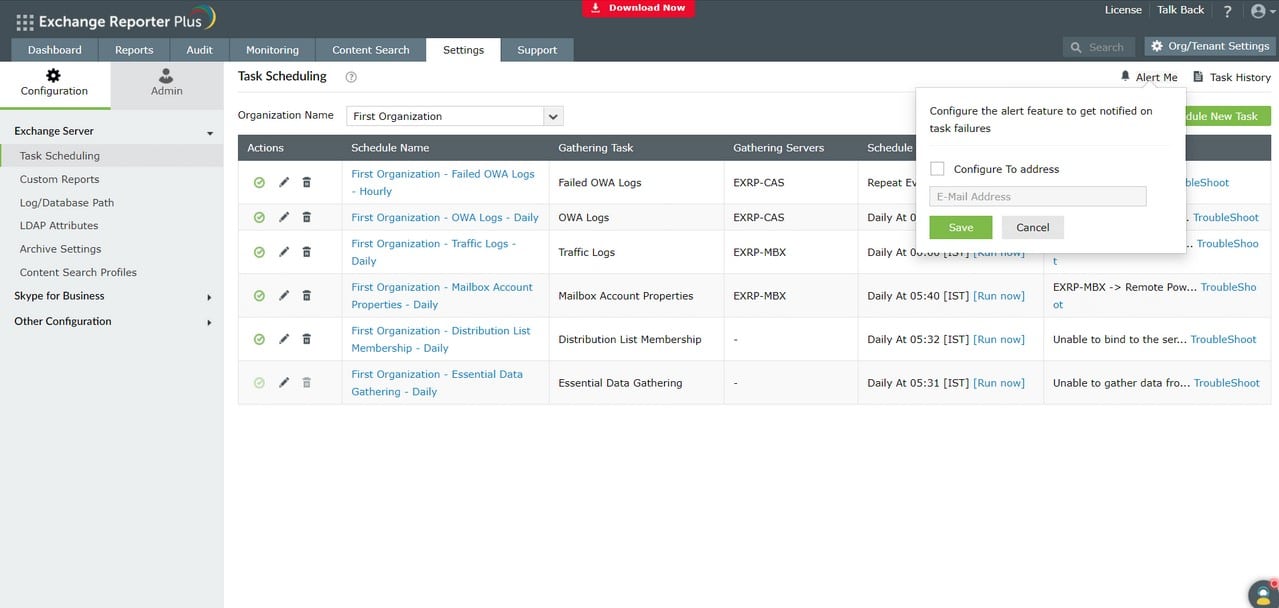ManageEngine Exchange Reporter Plus Task Scheduling