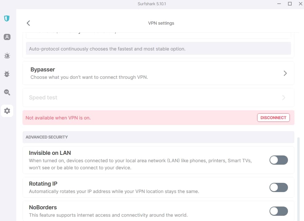 Surfshark's VPN settings.