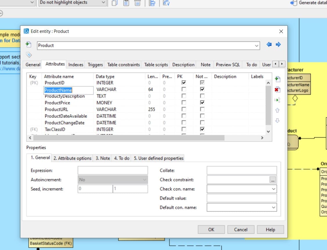 Dezign for Databases screenshot of product attributes
