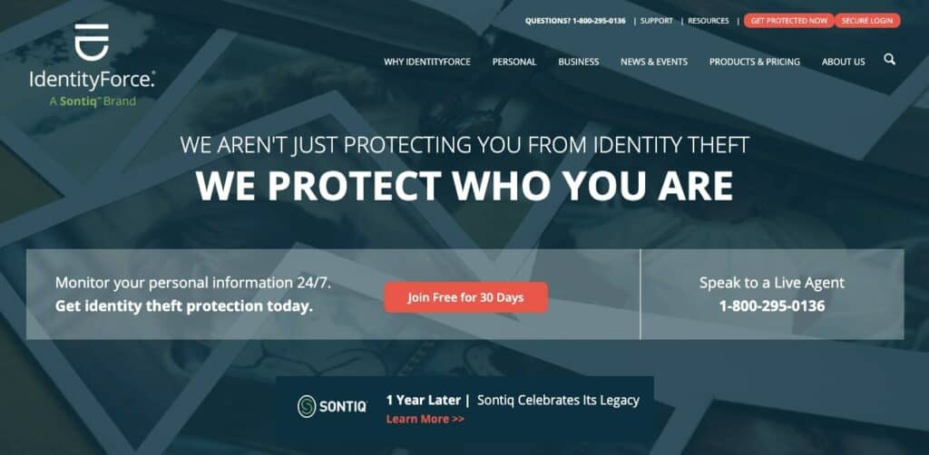 The IdentityForce homepage.