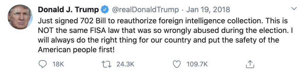 Donald Trump Tweet - signing of the 702 bill