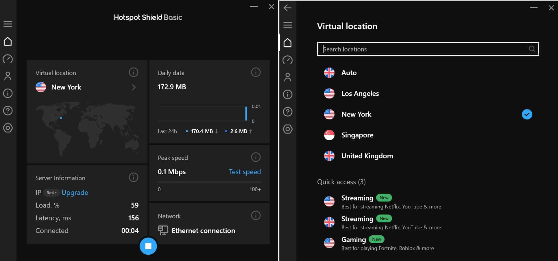 Screenshot of Hotspot Shield's main screen and server selection window