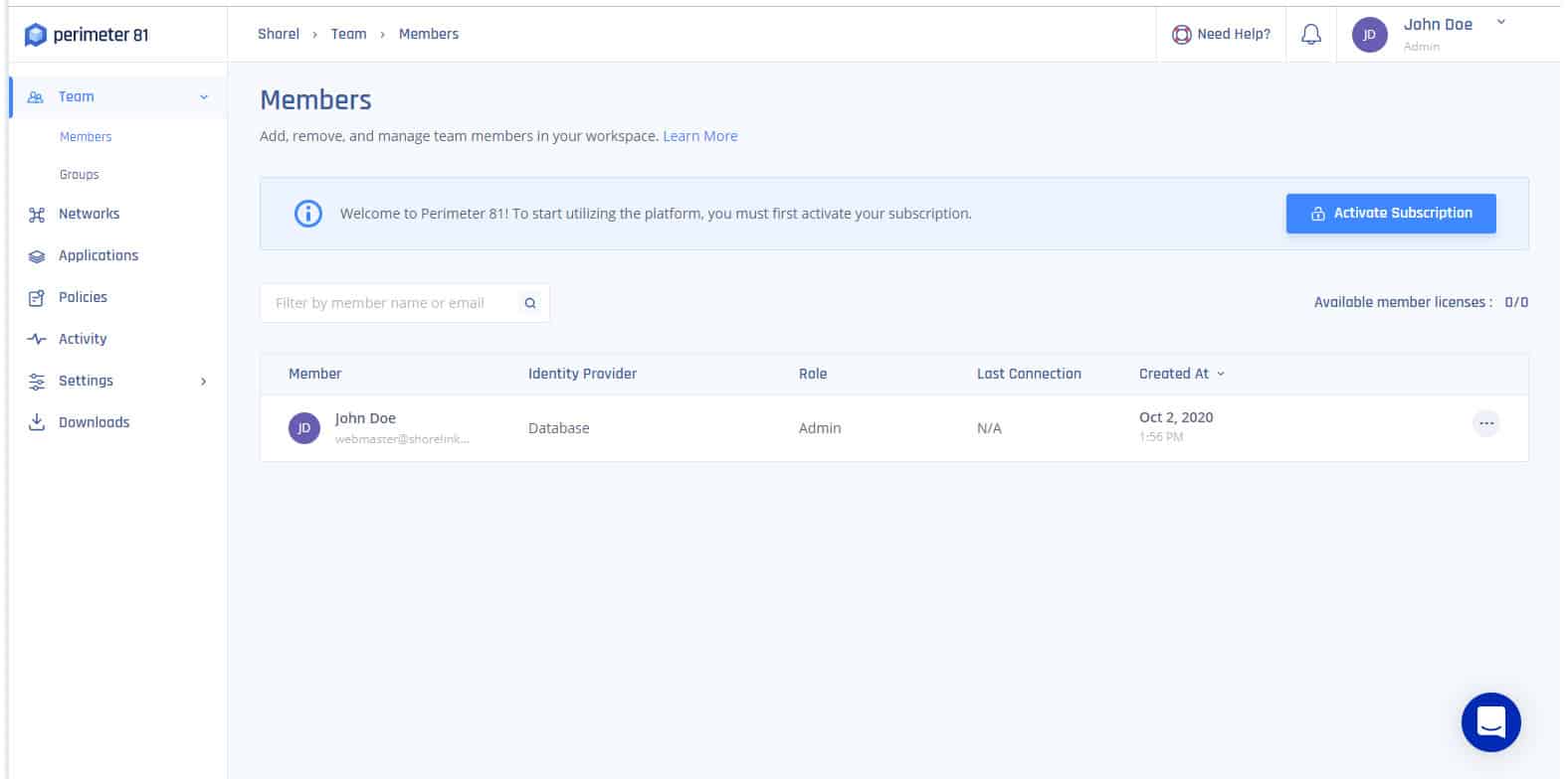 Perimeter 81 admin interface