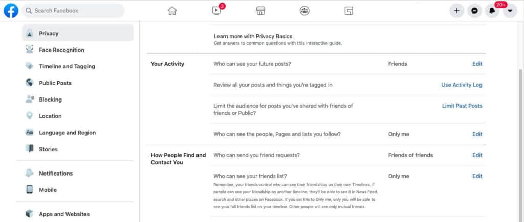 Facebook privacy settings.