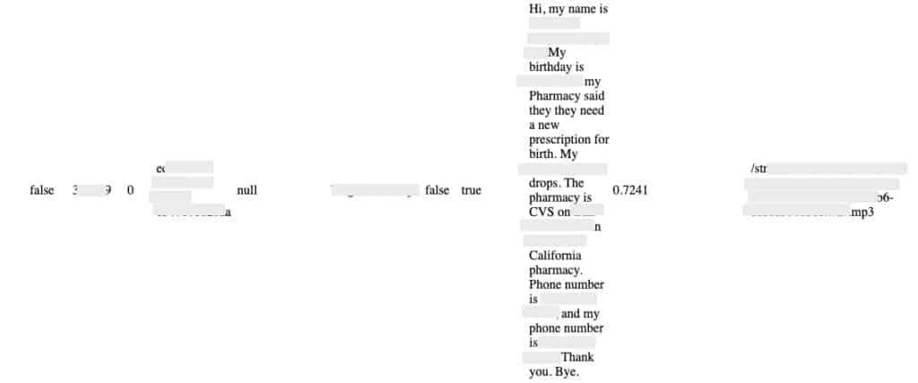 A voicemail transcript containing personal information.