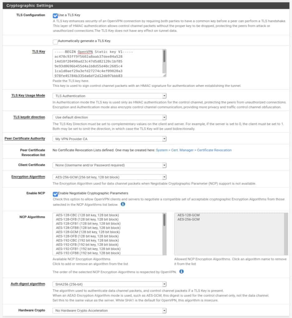 pfSense - OpenVPN - Cryptographic Settings