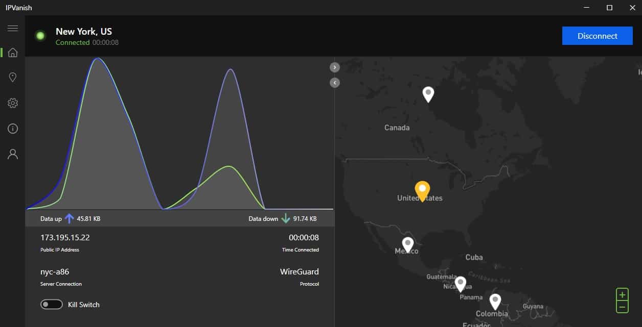 Screenshot of IPVanish's connection and map screen