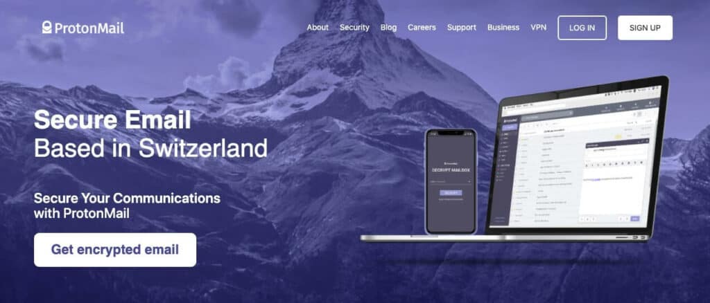 ProtonMail homepage.