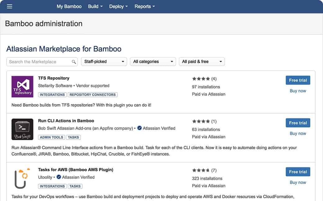 An image of the Atlassian Bamboo marketplace.