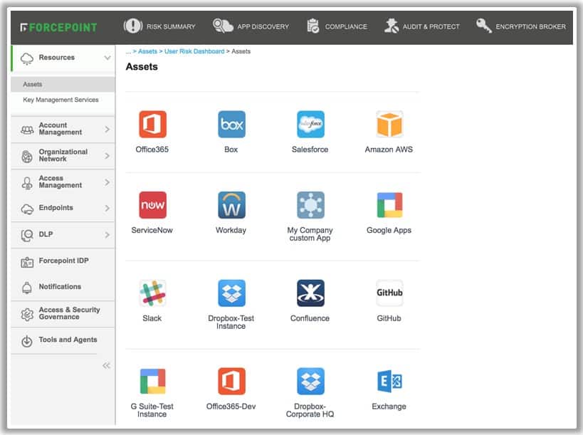 Forcepoint screen listing assets and applications installed