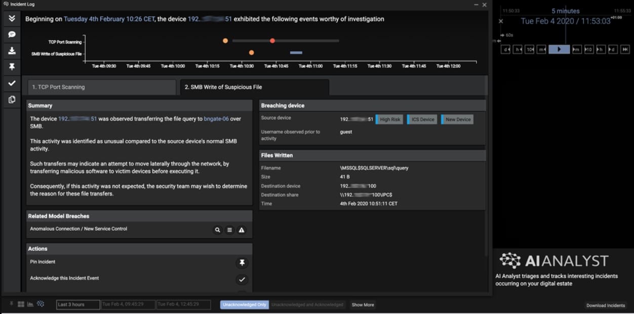Darktrace dashboard showing summary of specific industrial systems