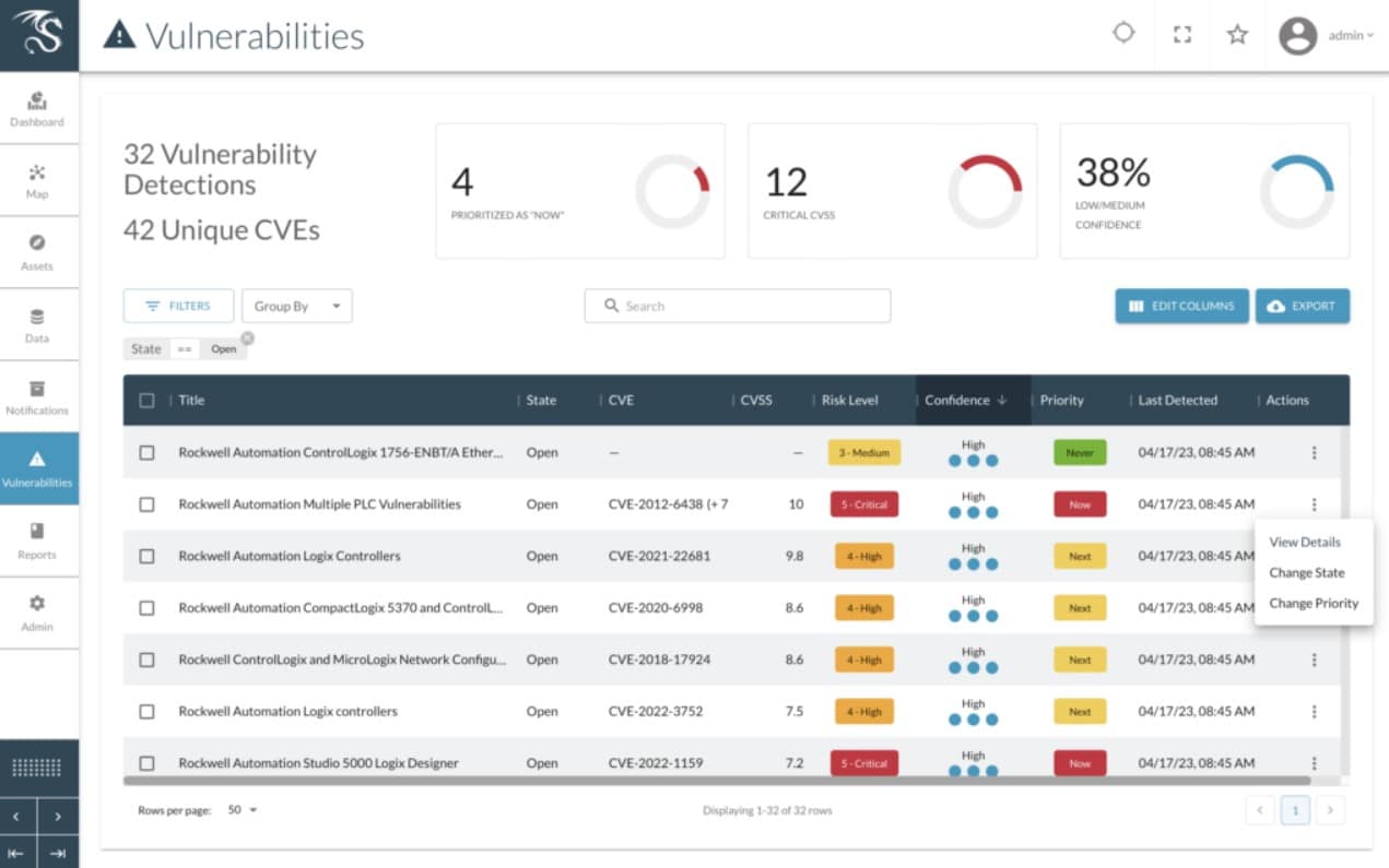 Dragos screen showing list of vulnerabilities