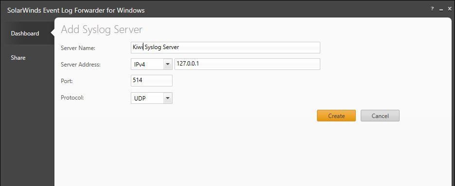SolarWinds Event Log Forwarder for Windows Add Event Log Add Syslog Server Screen