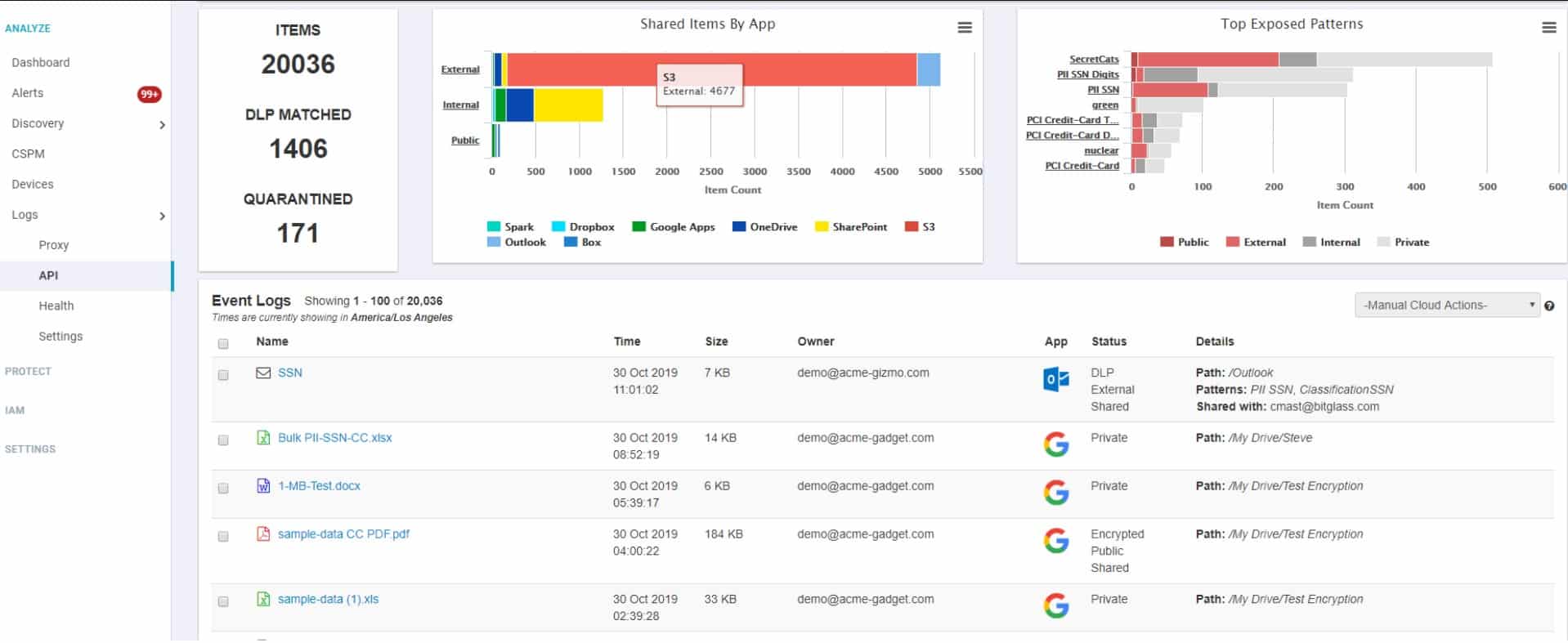 Forcepoint screen showing API information and event logs