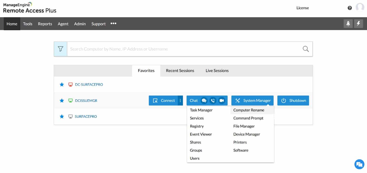 Home page of Remote Access Plus dashboard