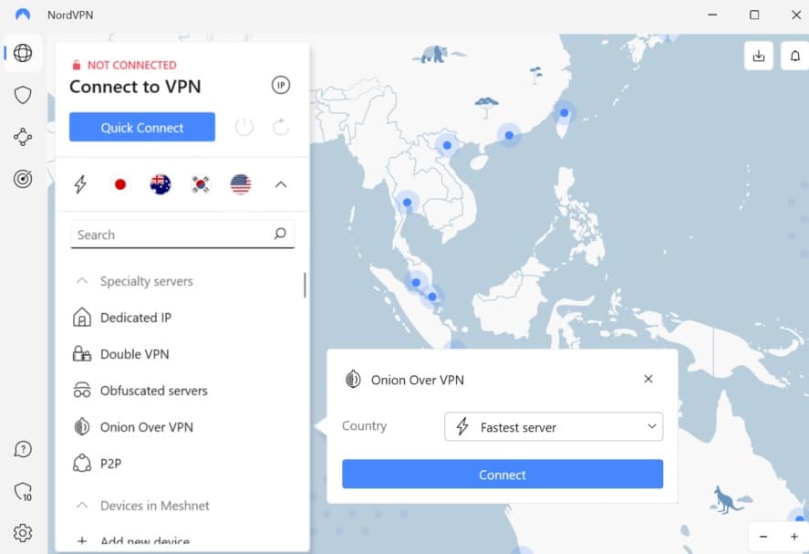 Screenshot of NordVPN's Windows app showing the Onion over VPN server selection menu