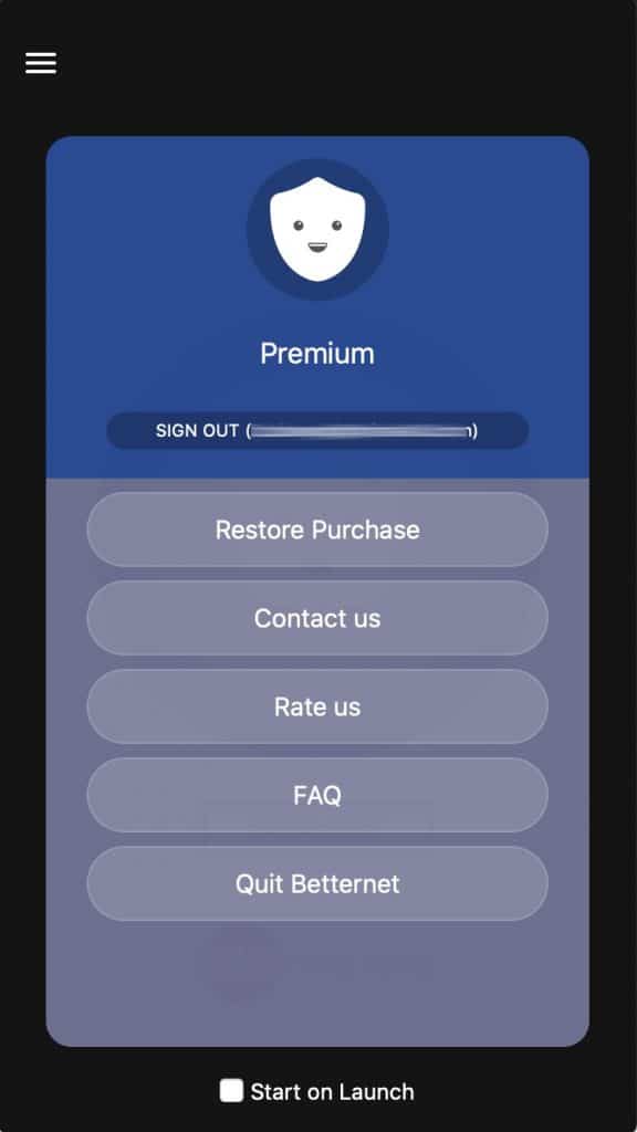 Betternet app settings
