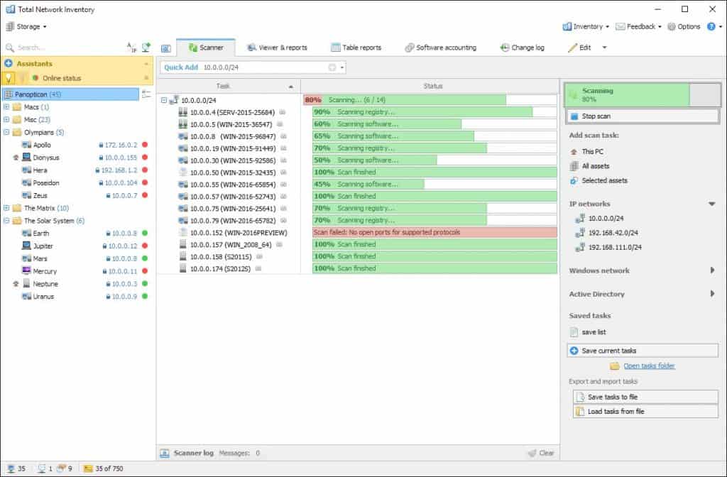 A screenshot that shows the status of different scans, including their rate of completion