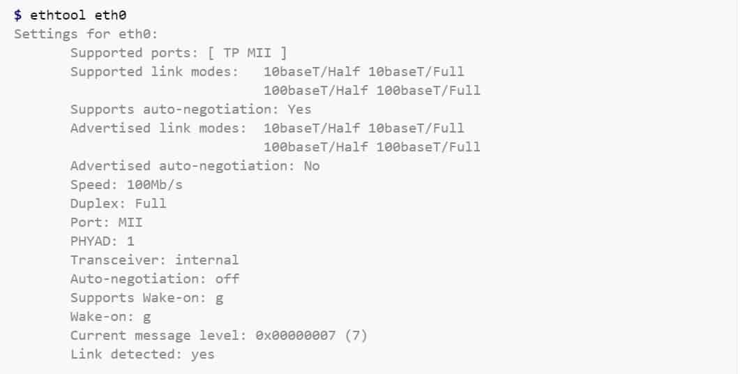 the parameters of a NIC (eth0) using the ethtool command