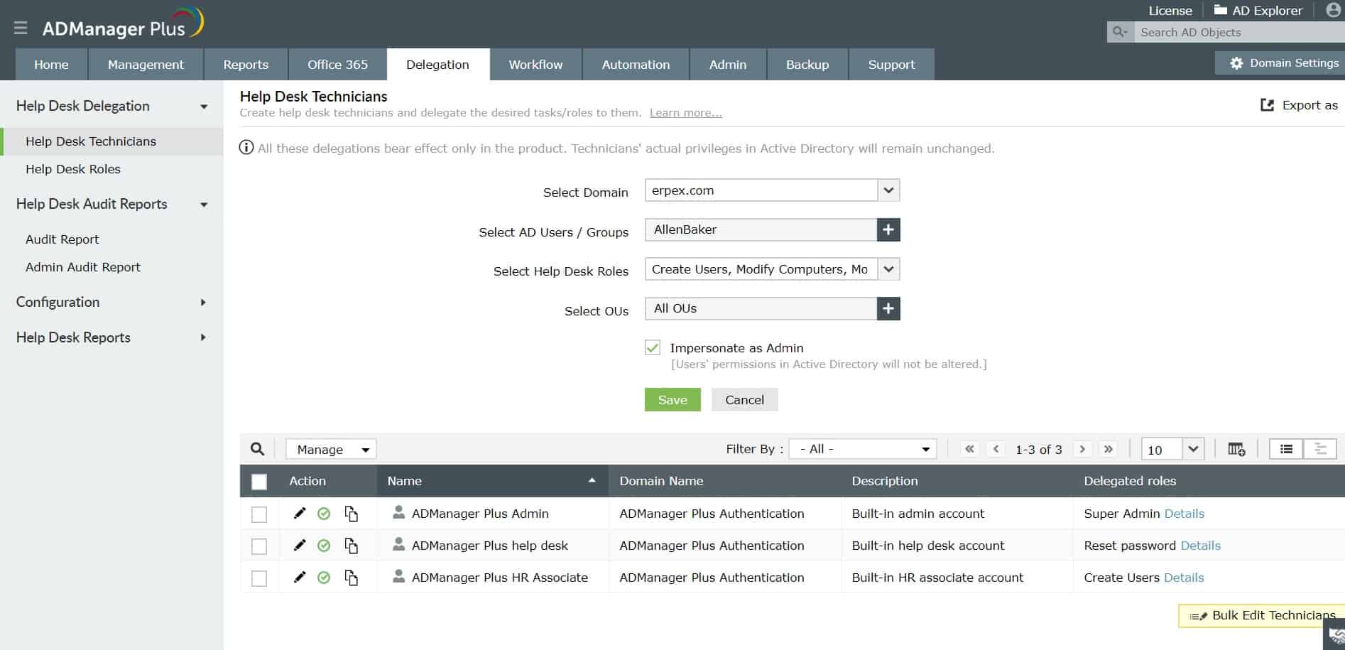 ManageEngine ADManager Plus user delegation