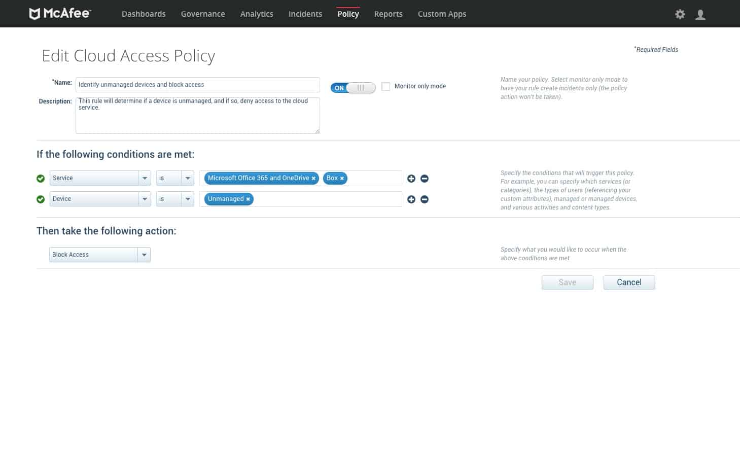 McAfee MVISION Cloud edit cloud access policy mv cloud