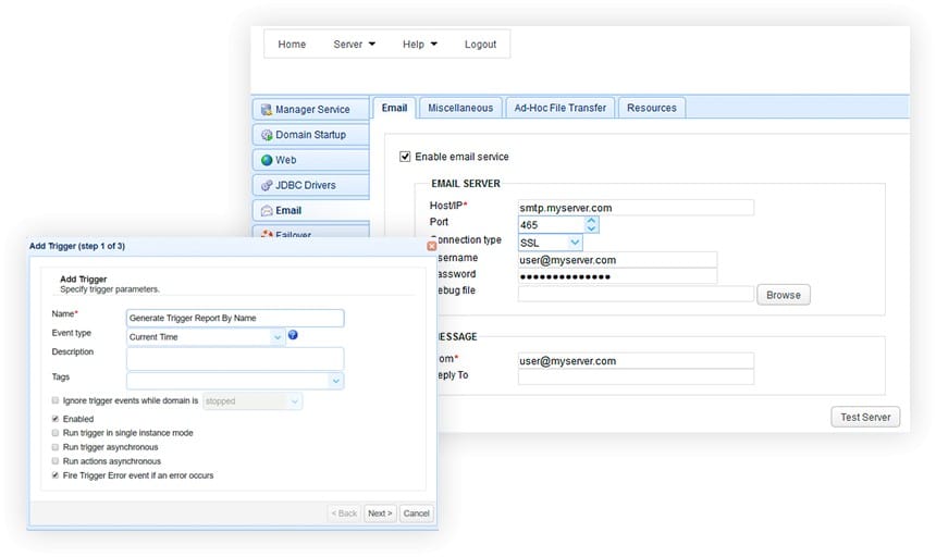 JSCAPE screenshot of email server and adding a trigger