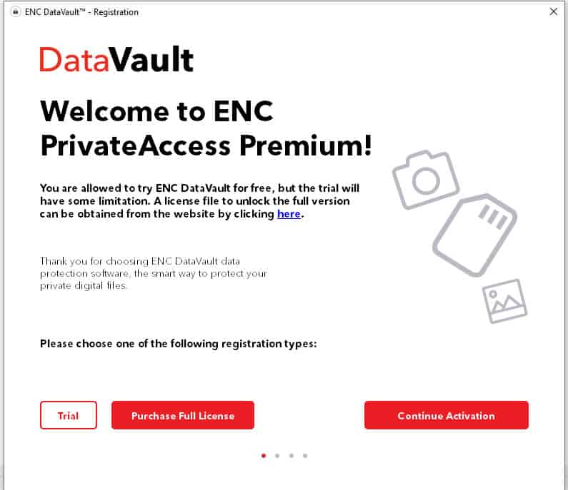 Screenshot showing the different options to continue using the tool. They are a trial, purchasing the full license, and continuing activation
