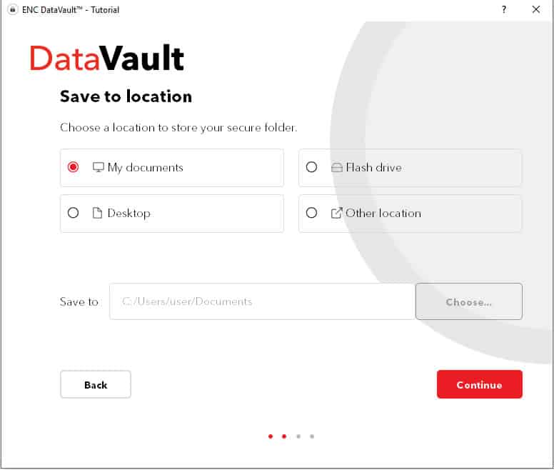 Screenshot showing the four locations where you can save your sensitive files. These locations are My Documents, Desktop, flash drive, and other locations