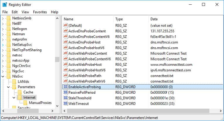 how to disable active probing in the registry