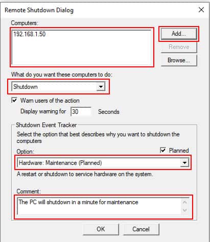 Remote Shutdown Dialog box
